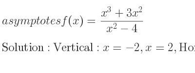 The asymptotes of f(x)=(x^3+3x^2)/(x^2-4) is Vertical: x=-2,x=2,Horizontal: y=x+3 (slant)